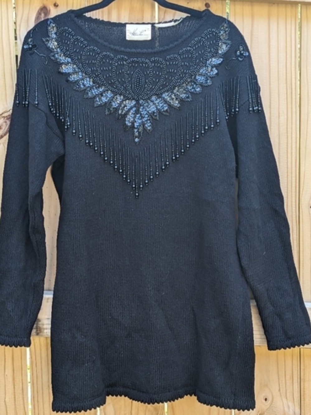 Kathie Lee Collection Black Beaded Fringe Knit Sweater